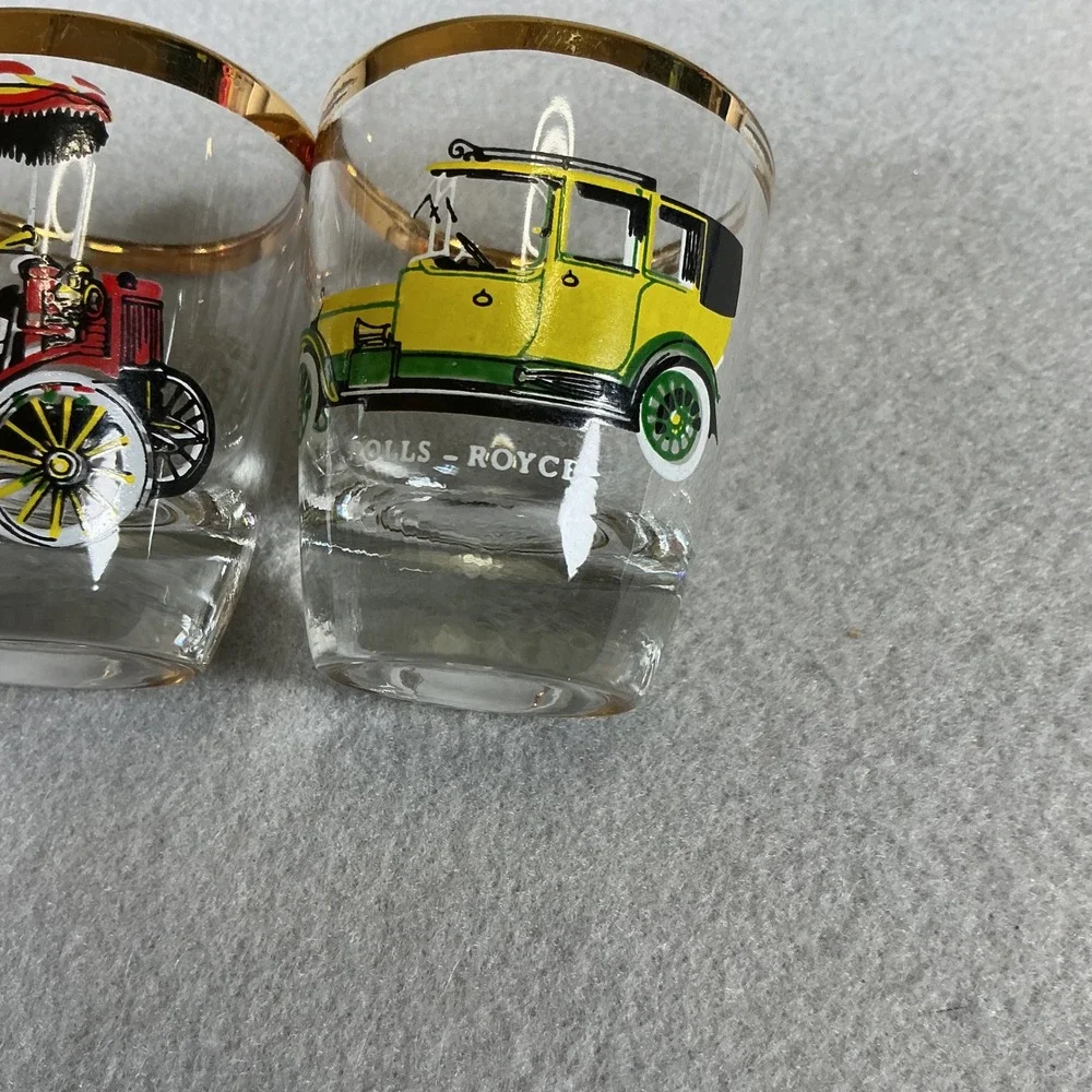 Vintage Car Shot Glass Set Gold Rim Barware 5pc Retro Auto Design‎